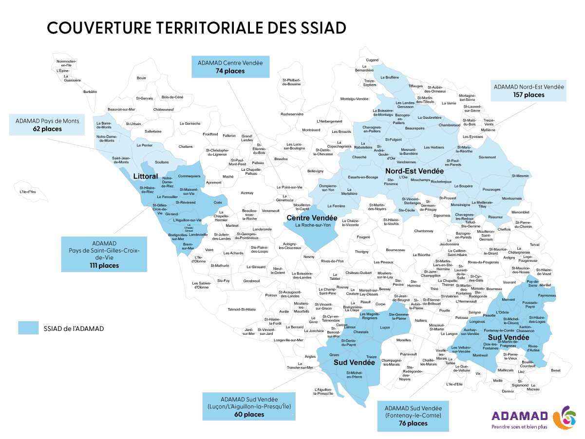Territoire d‘intervention des services de soins infirmiers à domicile de l’Adamad en Vendée